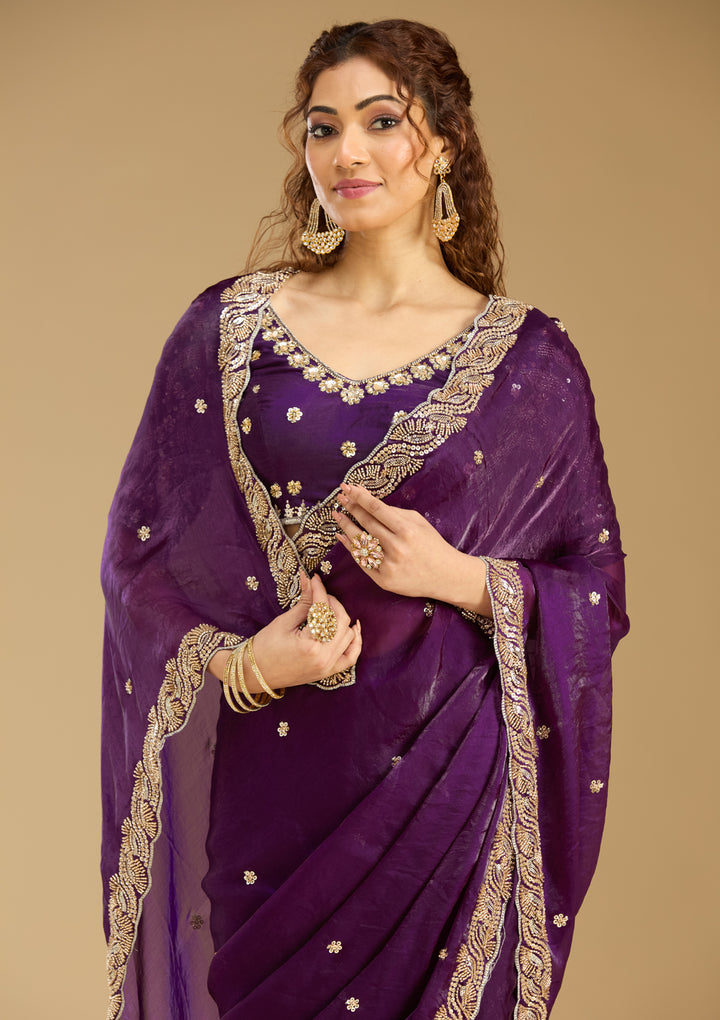Purple Tissue Cutdana Saree With Matching Blouse Piece