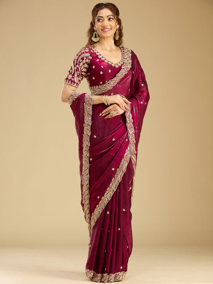 Wine Tissue Cutdana Saree With Matching Blouse Piece
