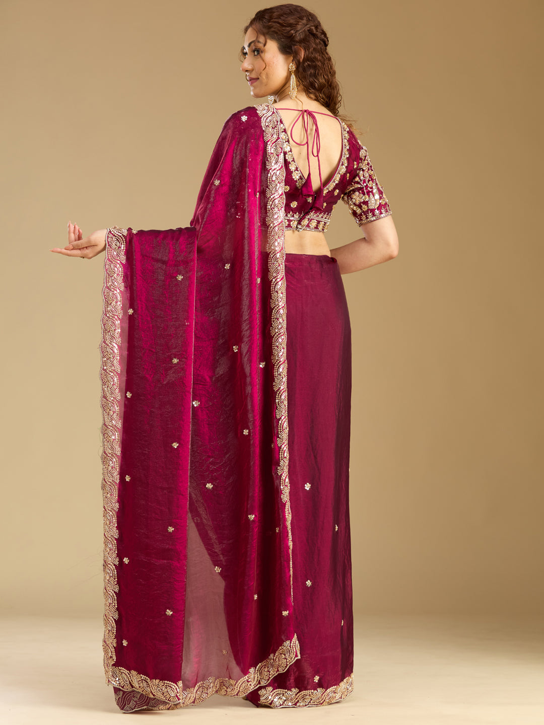 Wine Tissue Cutdana Saree With Matching Blouse Piece