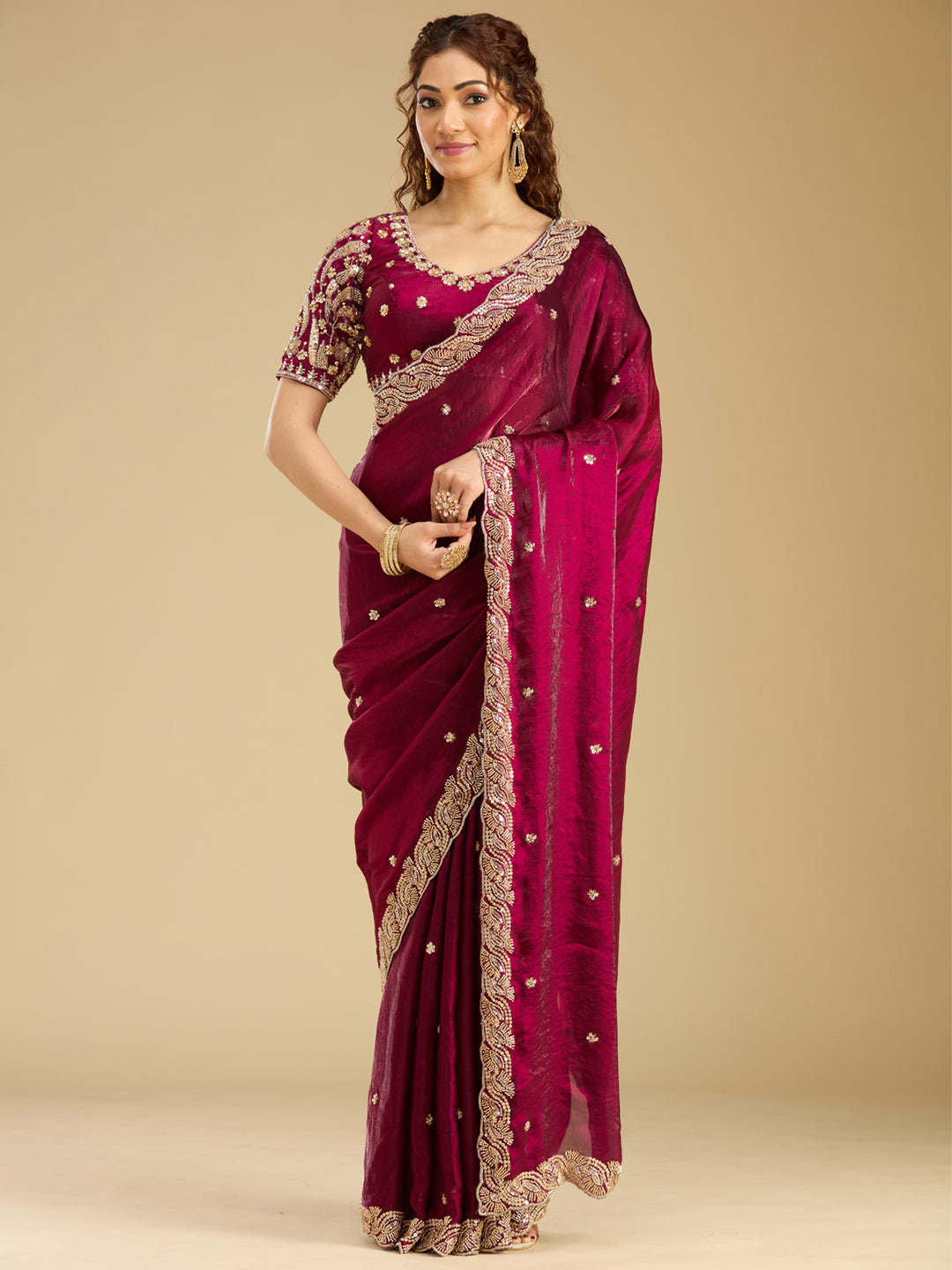 Wine Tissue Cutdana Saree With Matching Blouse Piece