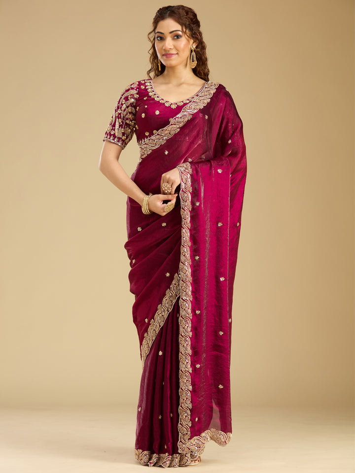 Wine Tissue Cutdana Saree With Matching Blouse Piece