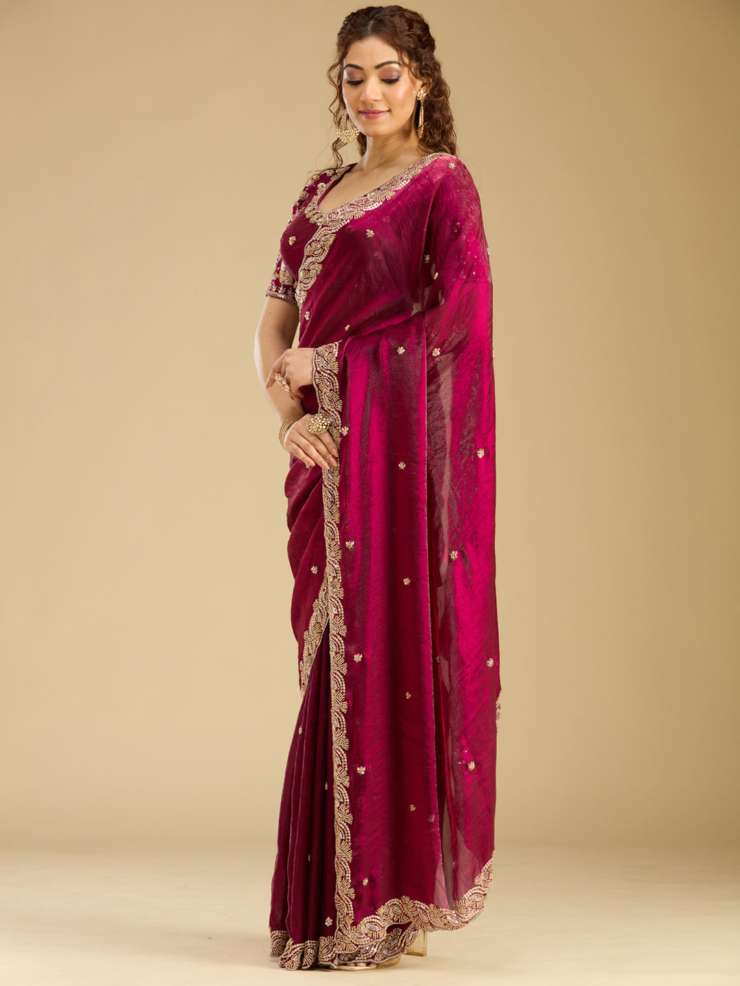 Wine Tissue Cutdana Saree With Matching Blouse Piece