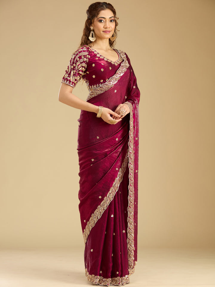 Wine Tissue Cutdana Saree With Matching Blouse Piece