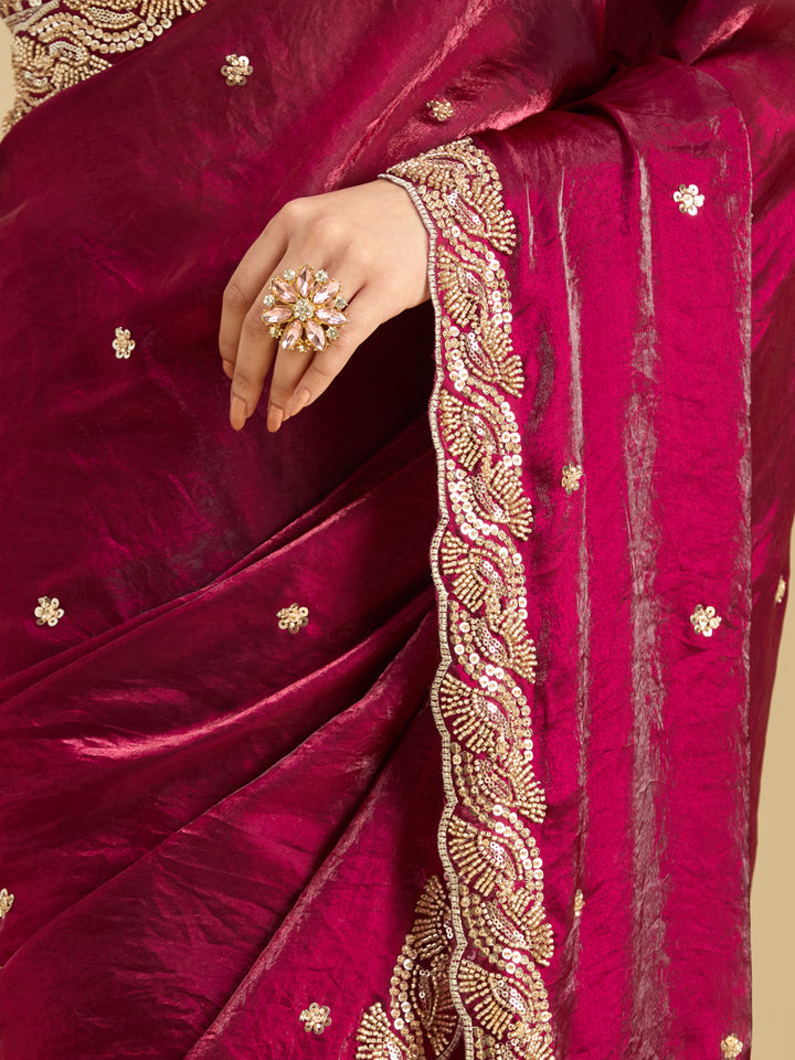Wine Tissue Cutdana Saree With Matching Blouse Piece