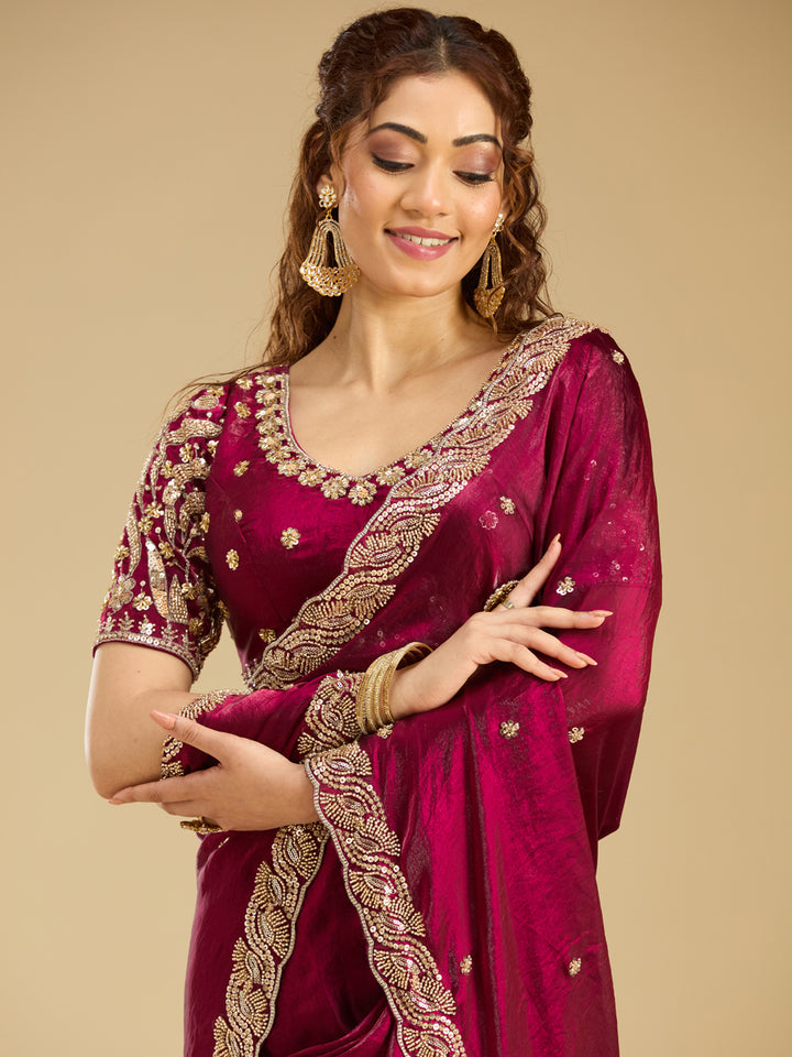 Wine Tissue Cutdana Saree With Matching Blouse Piece