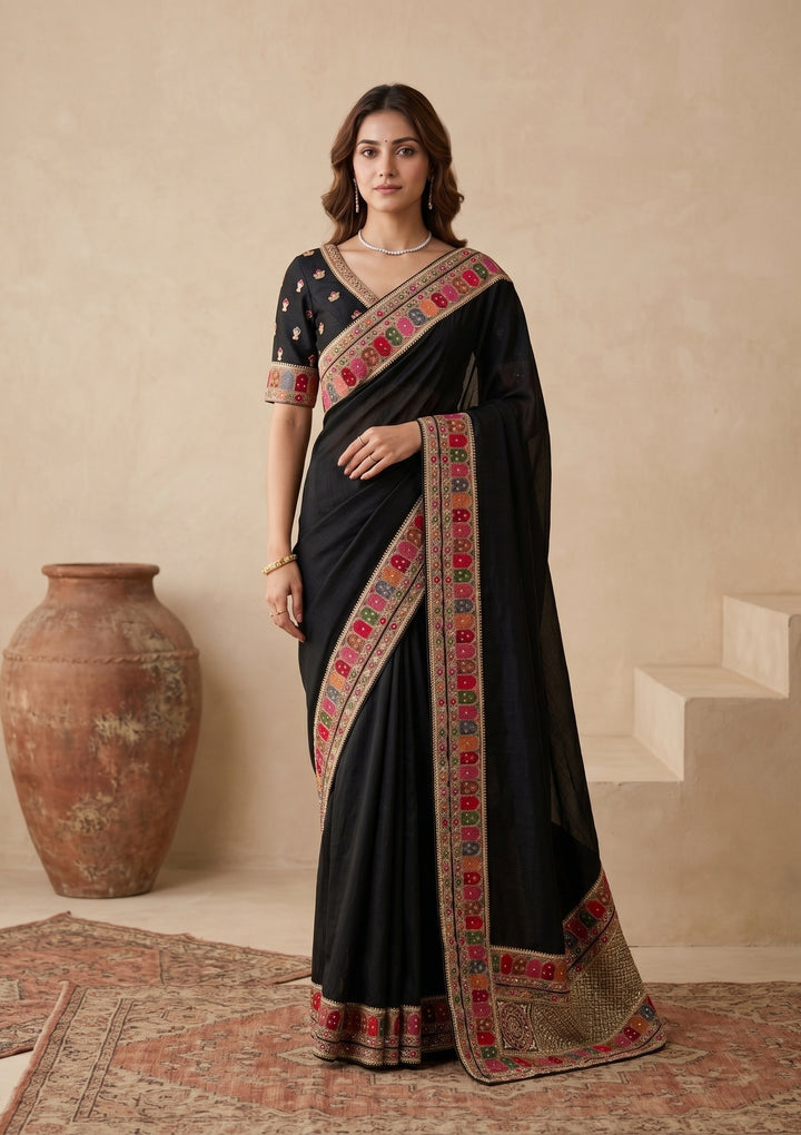 Black Soft Raw Silk Kashmiri Saree With Matching Blouse Piece