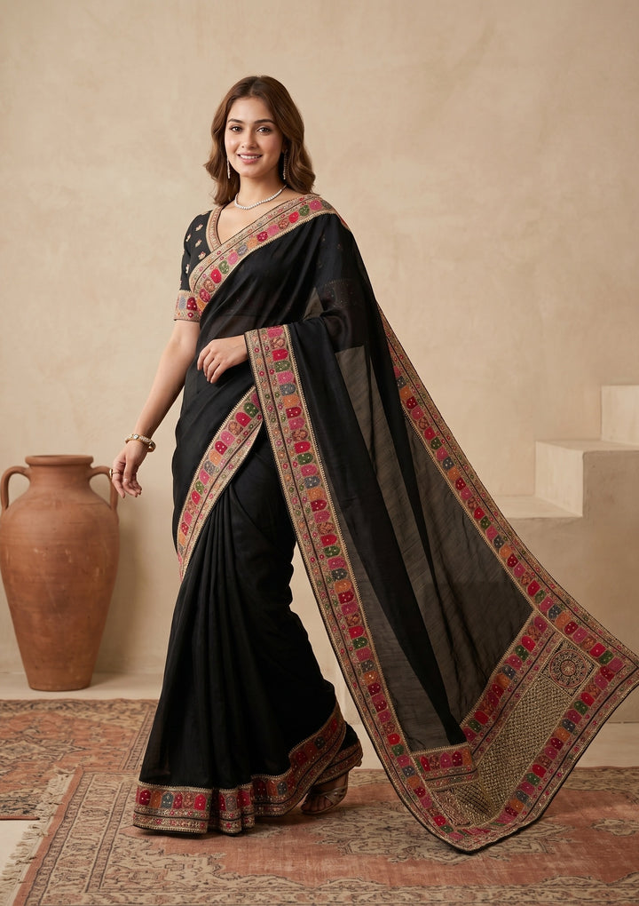 Black Soft Raw Silk Kashmiri Saree With Matching Blouse Piece