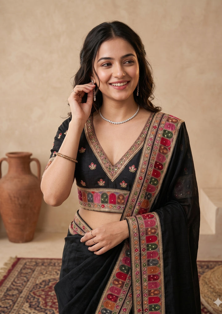 Black Soft Raw Silk Kashmiri Saree With Matching Blouse Piece