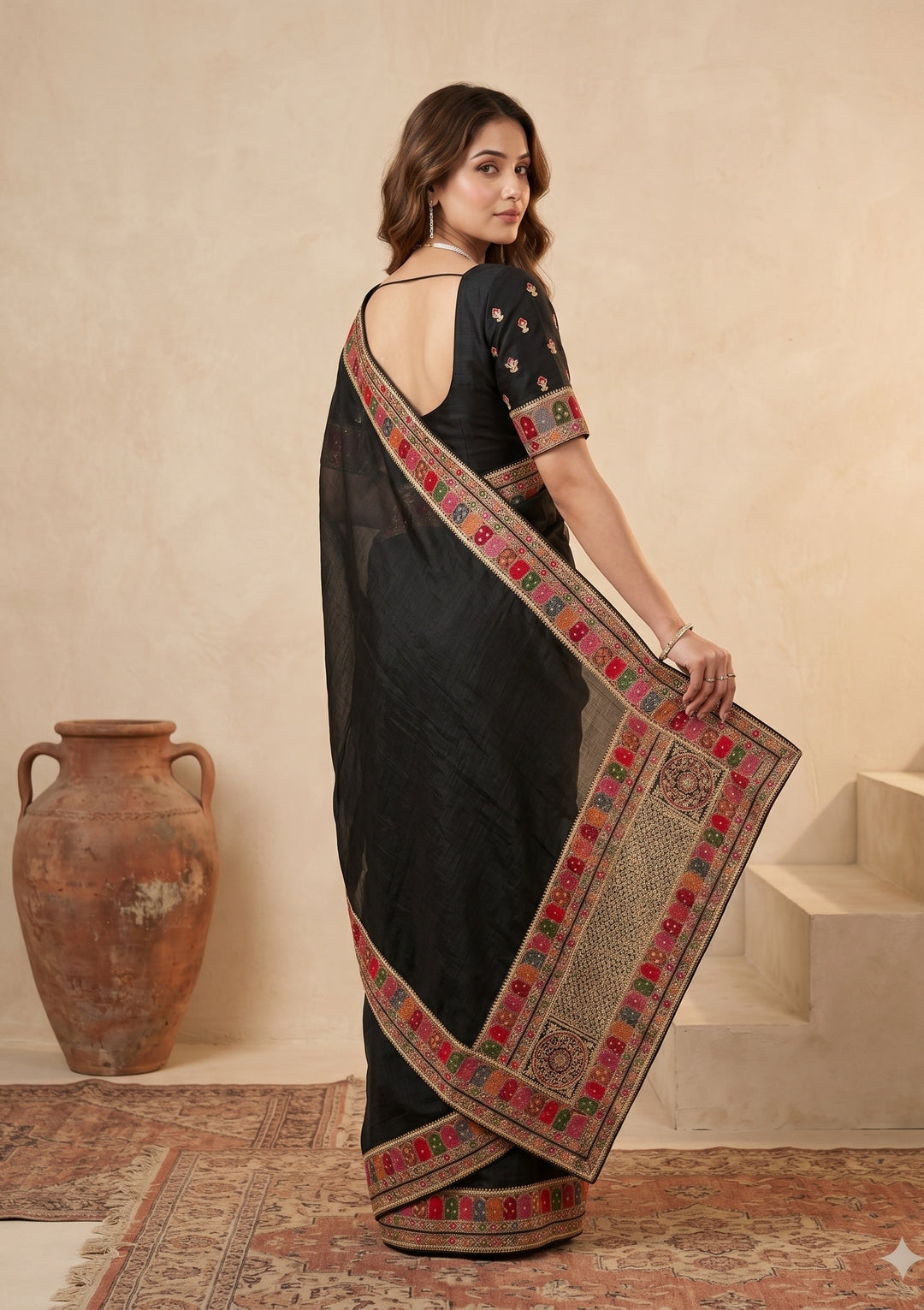 Black Soft Raw Silk Kashmiri Saree With Matching Blouse Piece