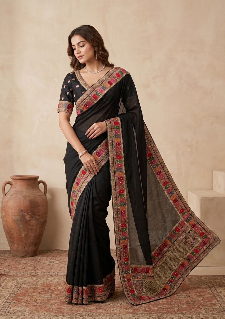 Black Soft Raw Silk Kashmiri Saree With Matching Blouse Piece