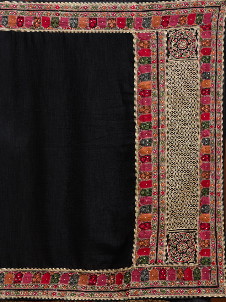 Black Soft Raw Silk Kashmiri Saree With Matching Blouse Piece