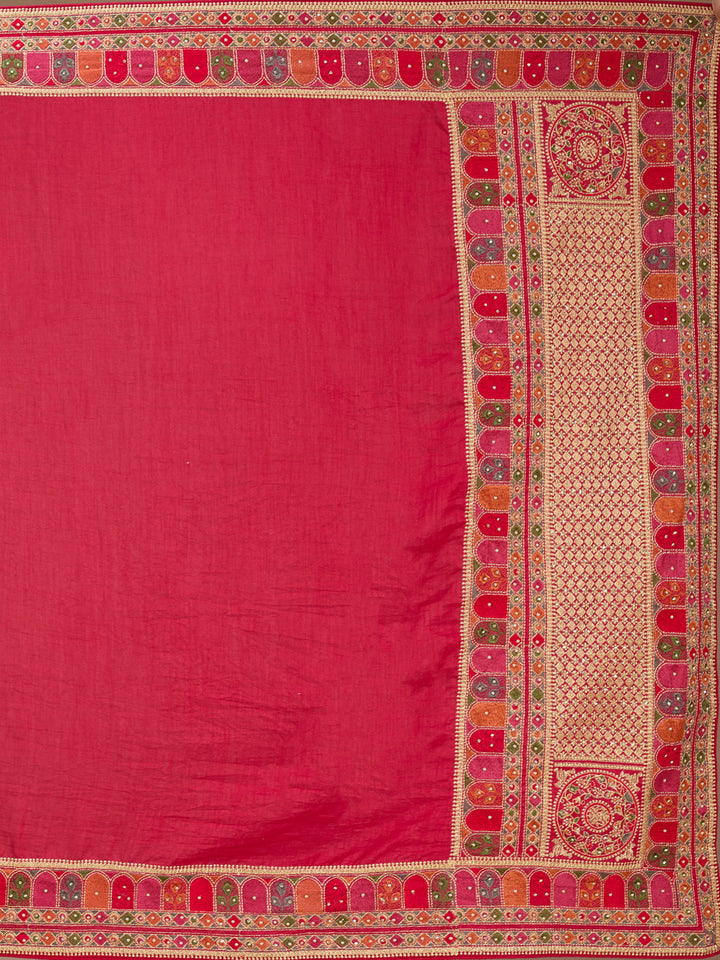 Rani Pink Soft Raw Silk Kashmiri Saree With Matching Blouse Piece
