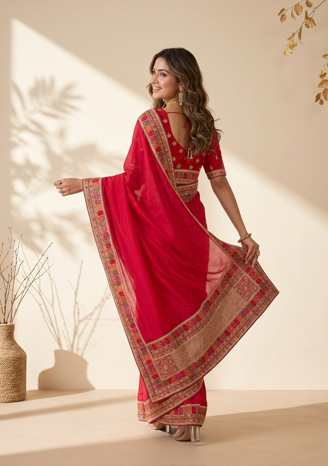 Rani Pink Soft Raw Silk Kashmiri Saree With Matching Blouse Piece