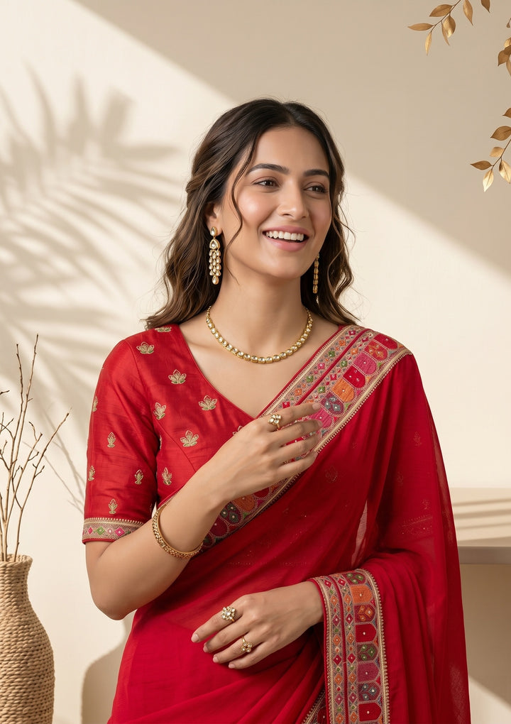 Rani Pink Soft Raw Silk Kashmiri Saree With Matching Blouse Piece