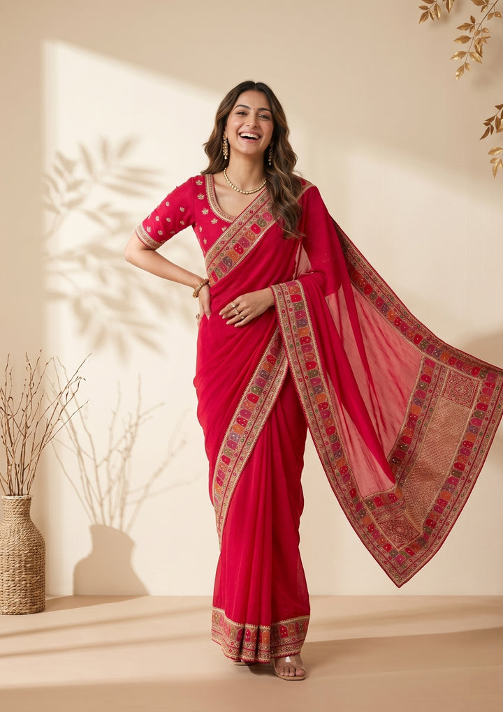 Rani Pink Soft Raw Silk Kashmiri Saree With Matching Blouse Piece