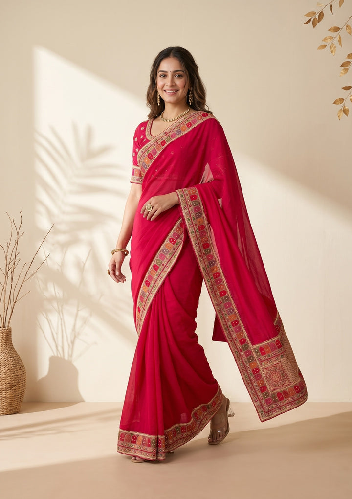 Rani Pink Soft Raw Silk Kashmiri Saree With Matching Blouse Piece
