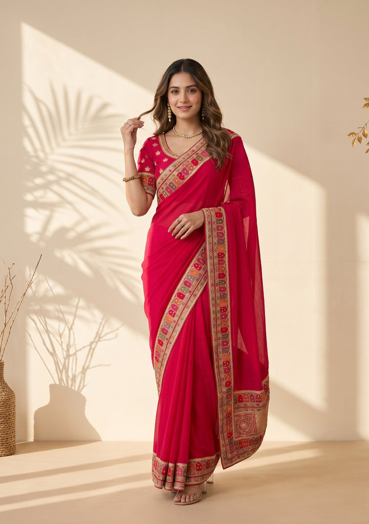 Rani Pink Soft Raw Silk Kashmiri Saree With Matching Blouse Piece