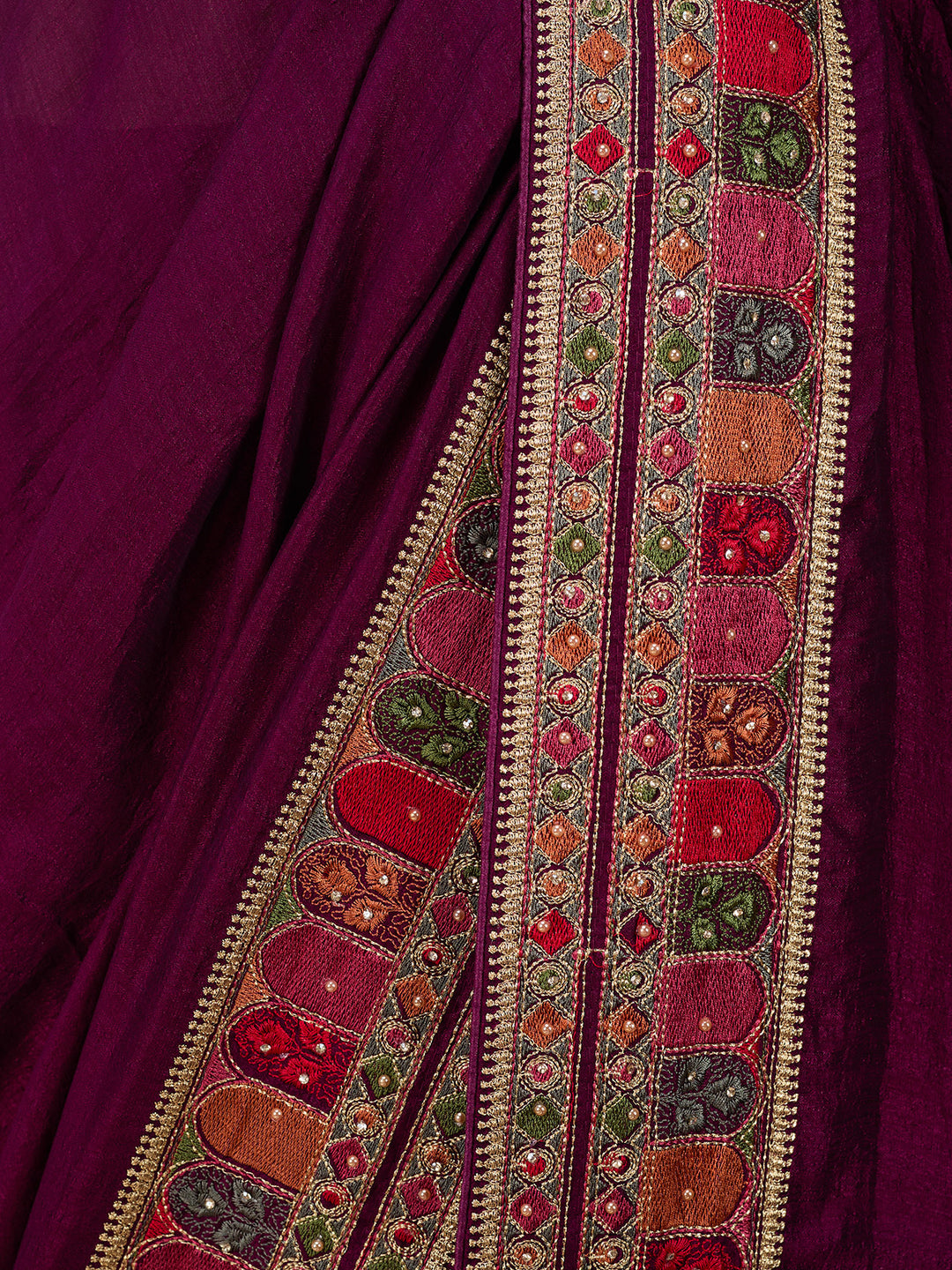 Wine Soft Raw Silk Kashmiri Saree With Matching Blouse Piece