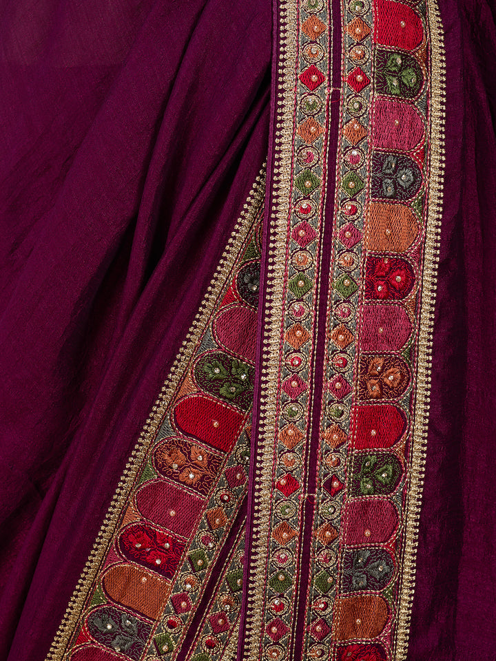 Wine Soft Raw Silk Kashmiri Saree With Matching Blouse Piece