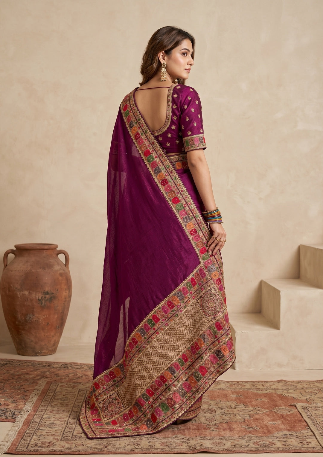 Wine Soft Raw Silk Kashmiri Saree With Matching Blouse Piece
