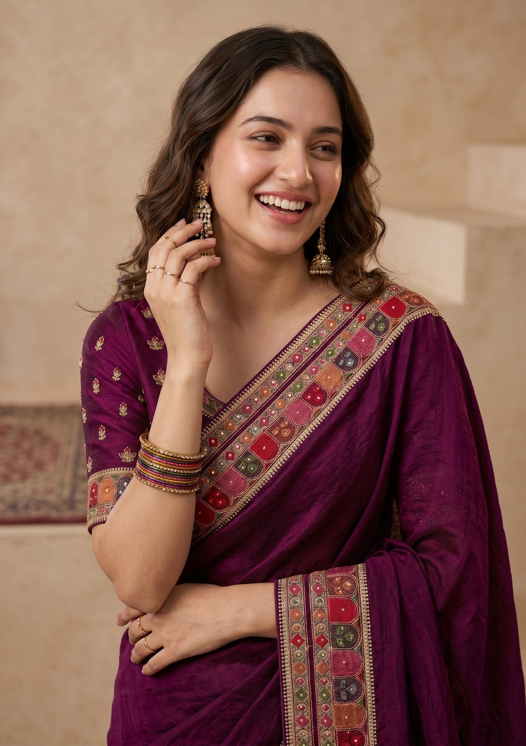 Wine Soft Raw Silk Kashmiri Saree With Matching Blouse Piece