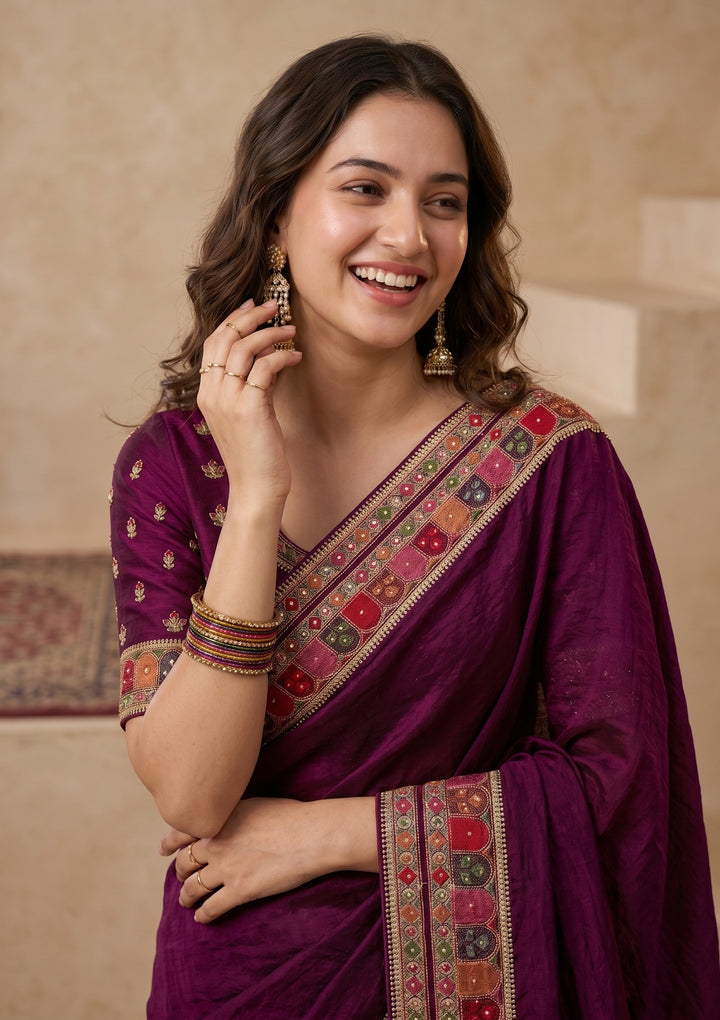 Wine Soft Raw Silk Kashmiri Saree With Matching Blouse Piece