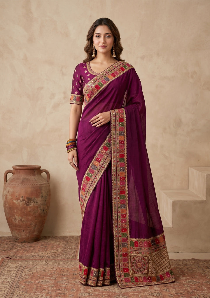 Wine Soft Raw Silk Kashmiri Saree With Matching Blouse Piece