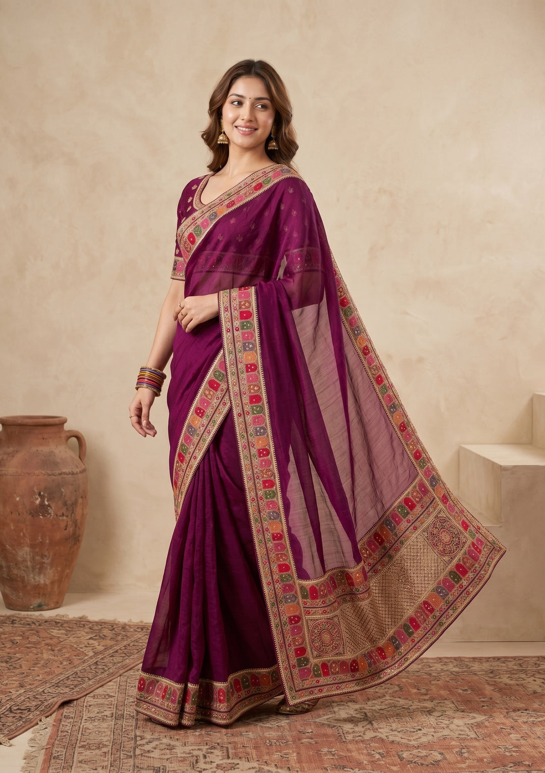 Wine Soft Raw Silk Kashmiri Saree With Matching Blouse Piece