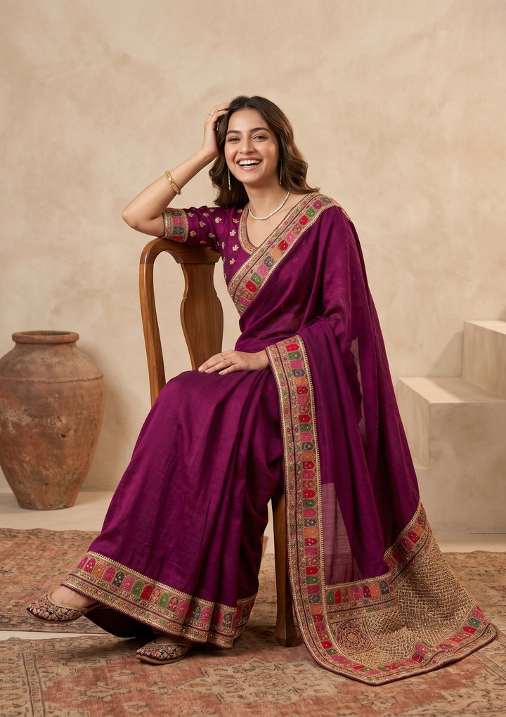 Wine Soft Raw Silk Kashmiri Saree With Matching Blouse Piece