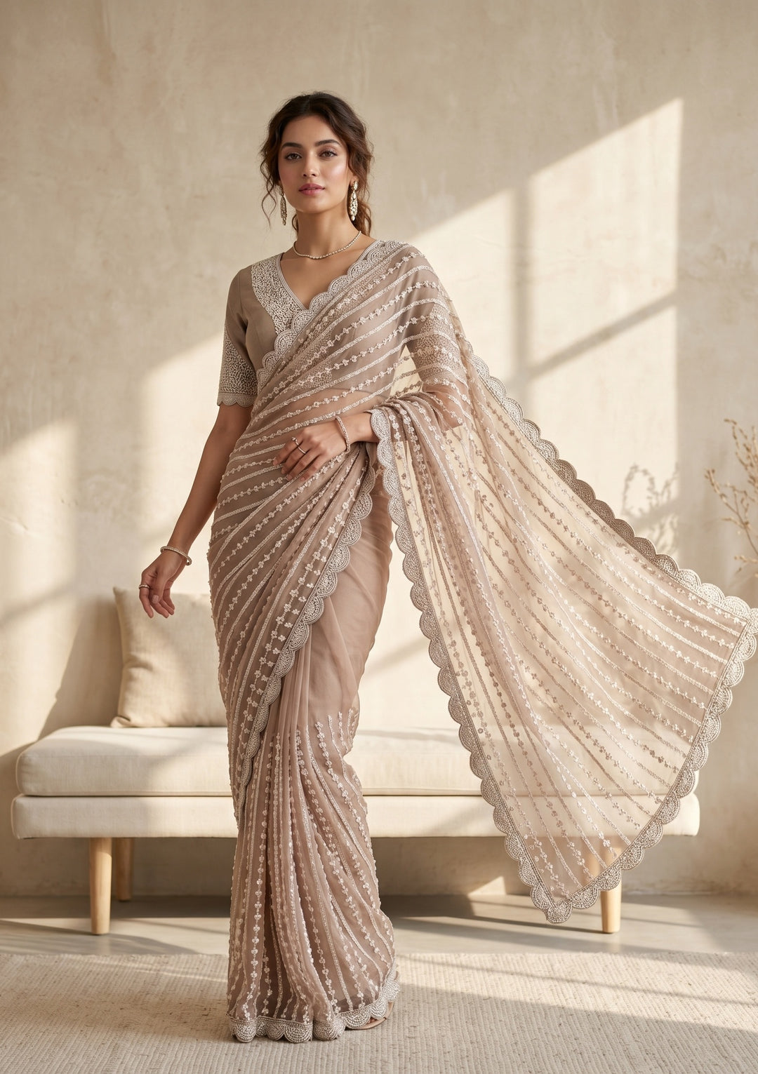Brown Net Pearlwork Saree With Matching Blouse Piece
