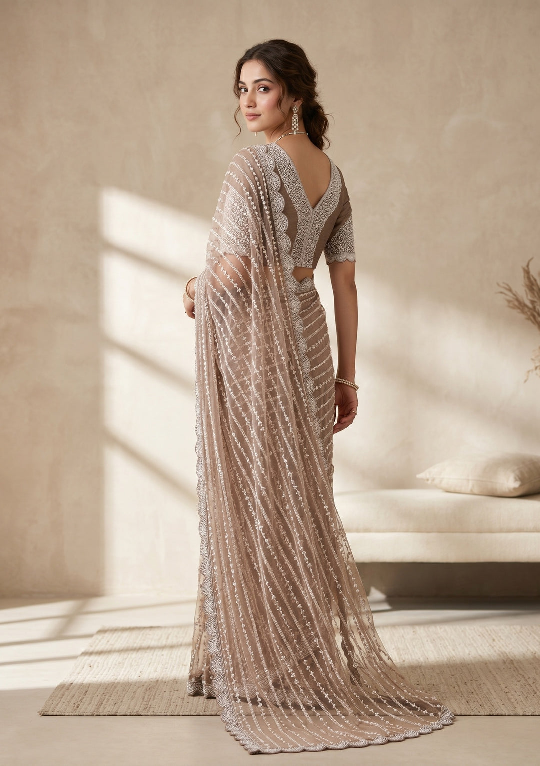 Brown Net Pearlwork Saree With Matching Blouse Piece