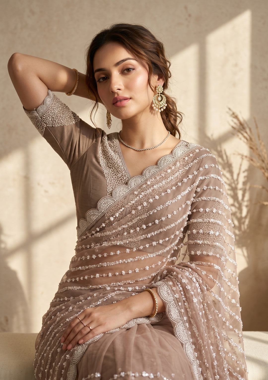 Brown Net Pearlwork Saree With Matching Blouse Piece