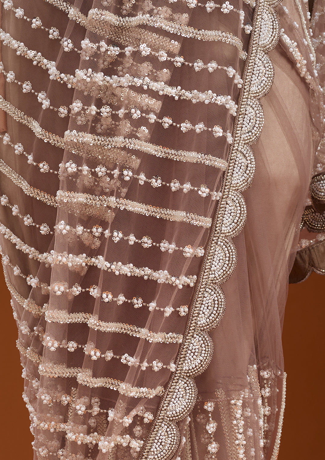 Brown Net Pearlwork Saree With Matching Blouse Piece