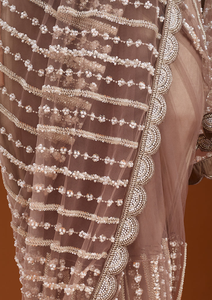 Brown Net Pearlwork Saree With Matching Blouse Piece
