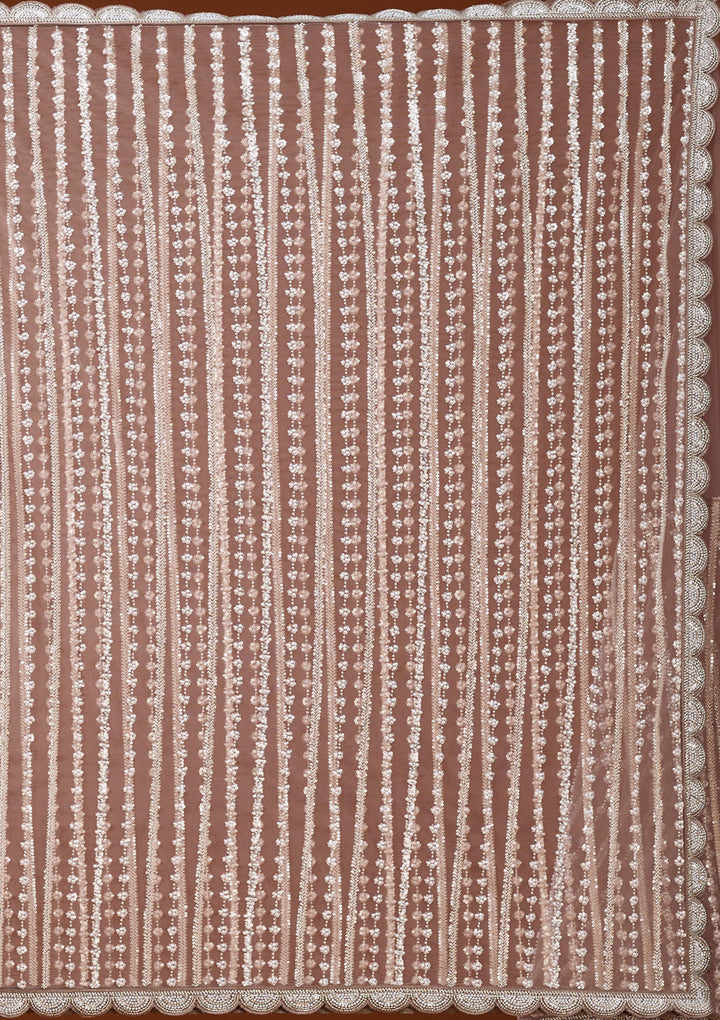 Brown Net Pearlwork Saree With Matching Blouse Piece