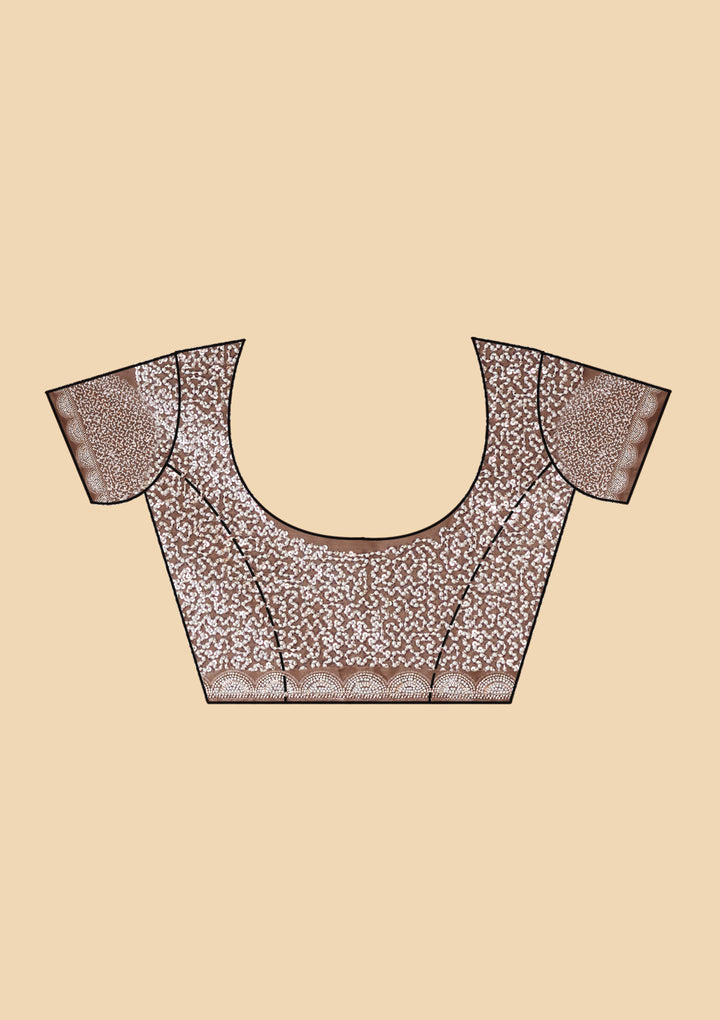 Brown Net Pearlwork Saree With Matching Blouse Piece