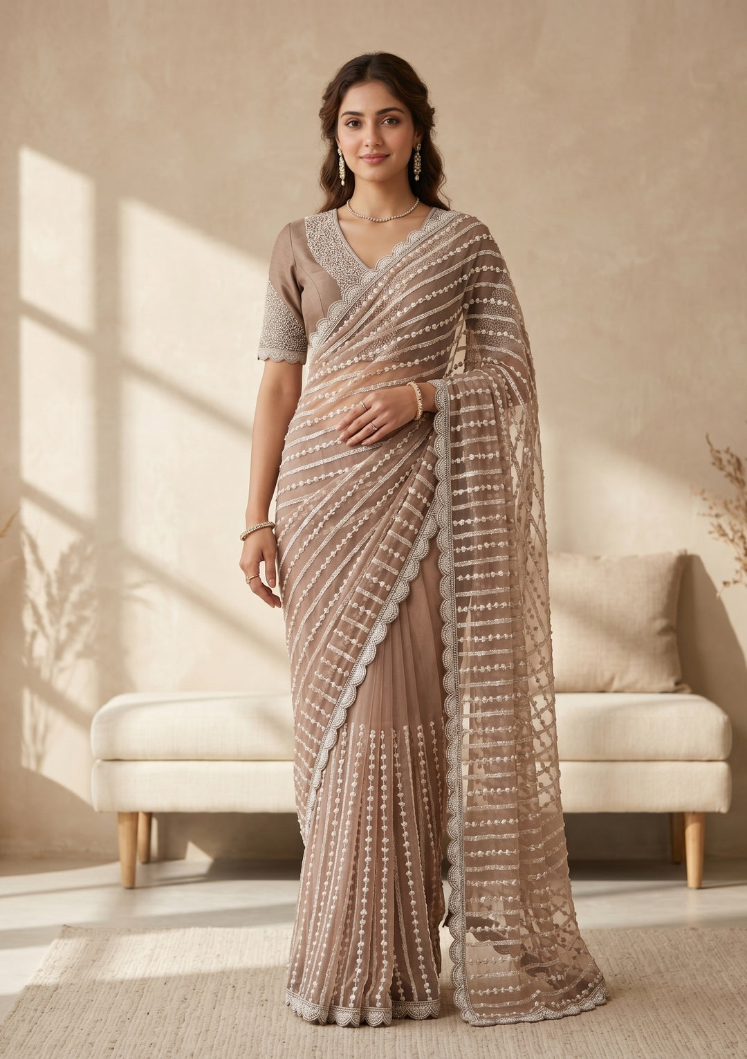 Brown Net Pearlwork Saree With Matching Blouse Piece