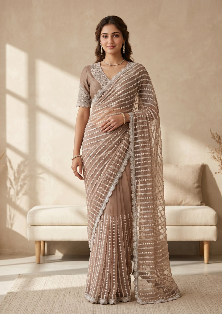 Brown Net Pearlwork Saree With Matching Blouse Piece