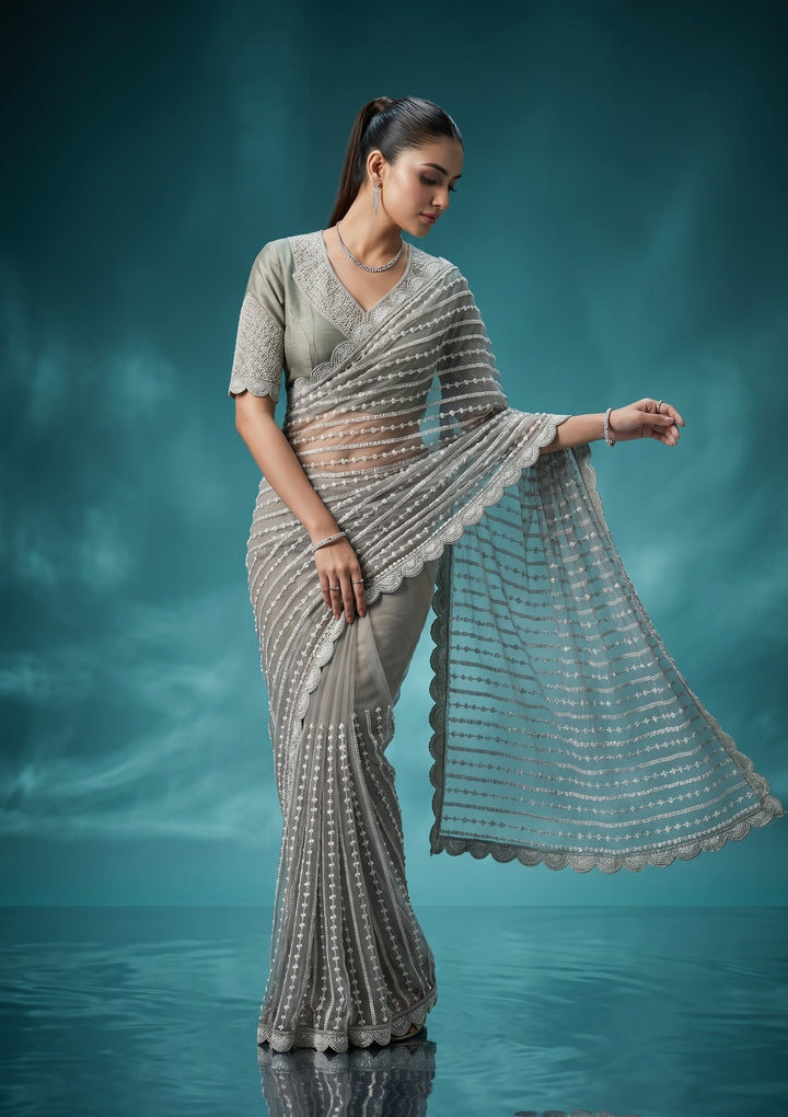 Pista Green Net Pearlwork Saree With Matching Blouse Piece