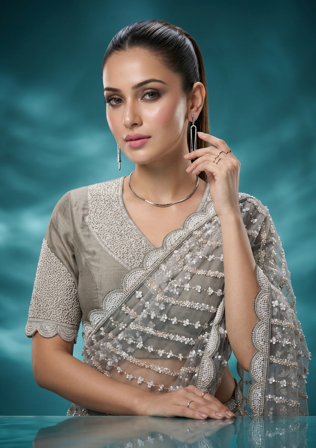 Pista Green Net Pearlwork Saree With Matching Blouse Piece