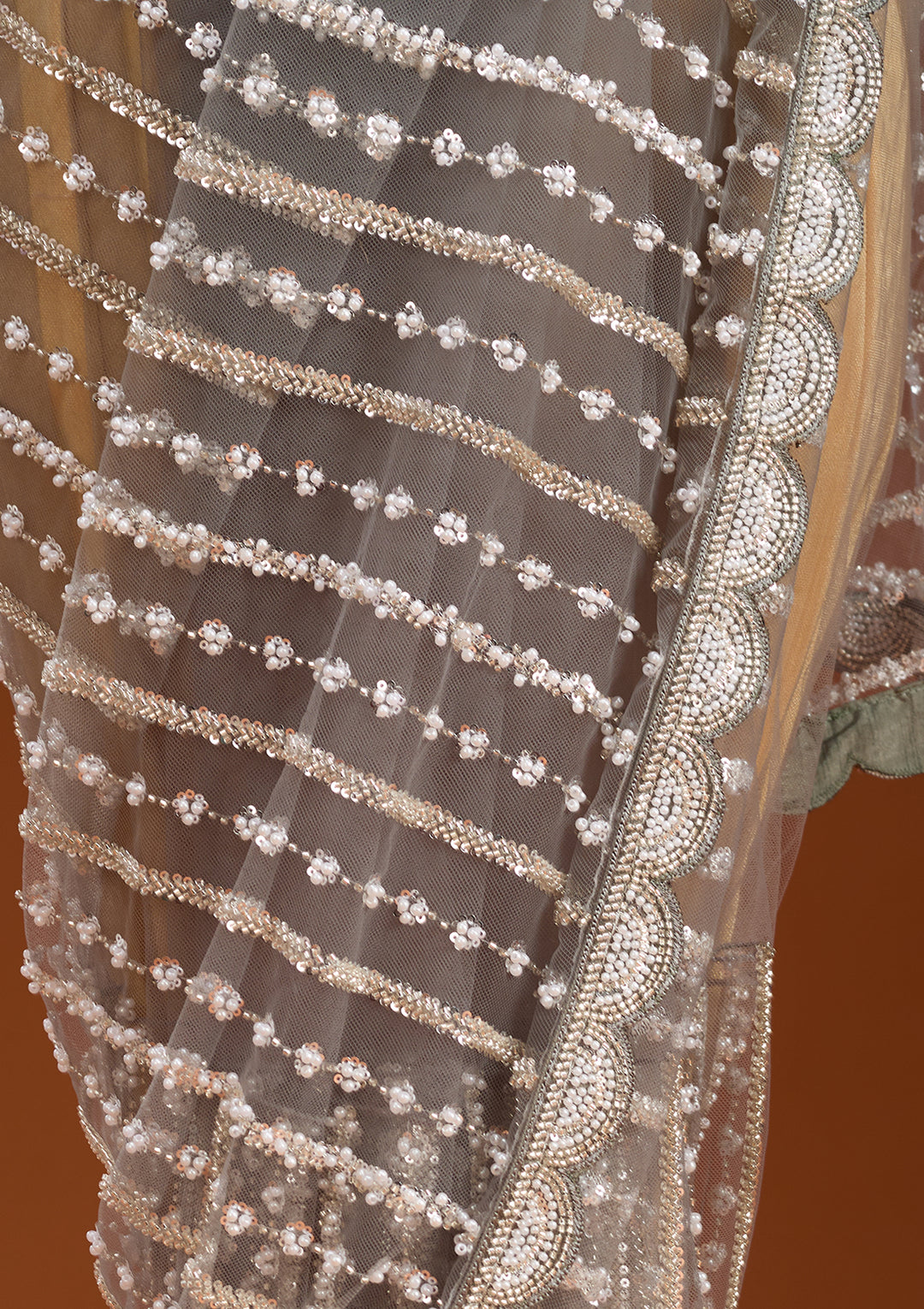 Pista Green Net Pearlwork Saree With Matching Blouse Piece