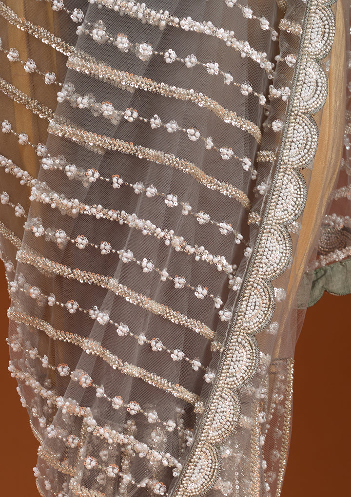 Pista Green Net Pearlwork Saree With Matching Blouse Piece