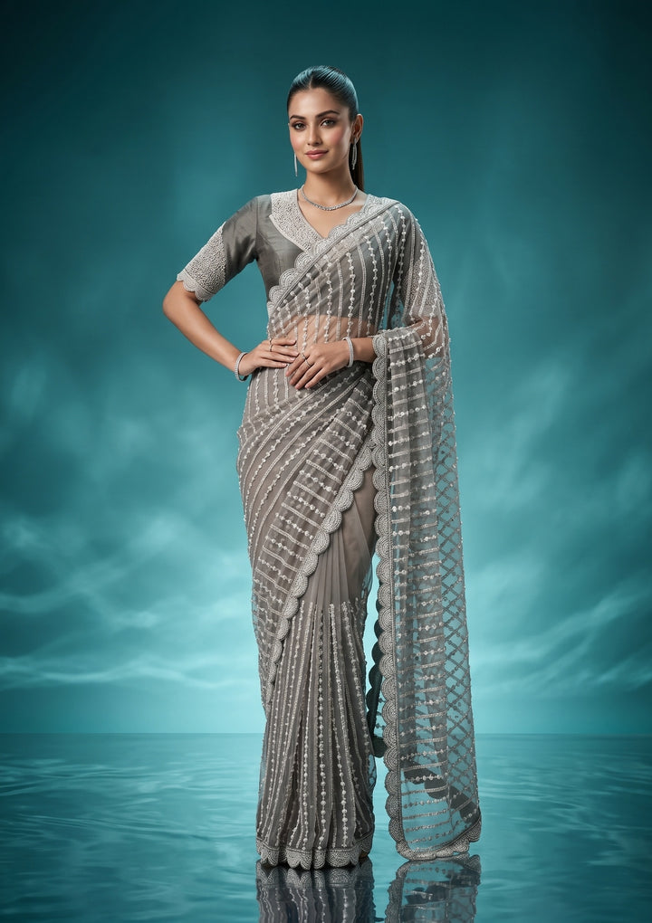Pista Green Net Pearlwork Saree With Matching Blouse Piece