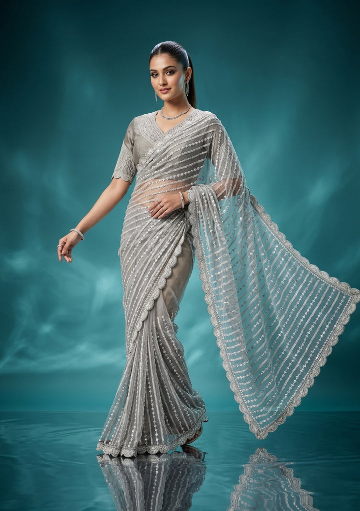 Pista Green Net Pearlwork Saree With Matching Blouse Piece