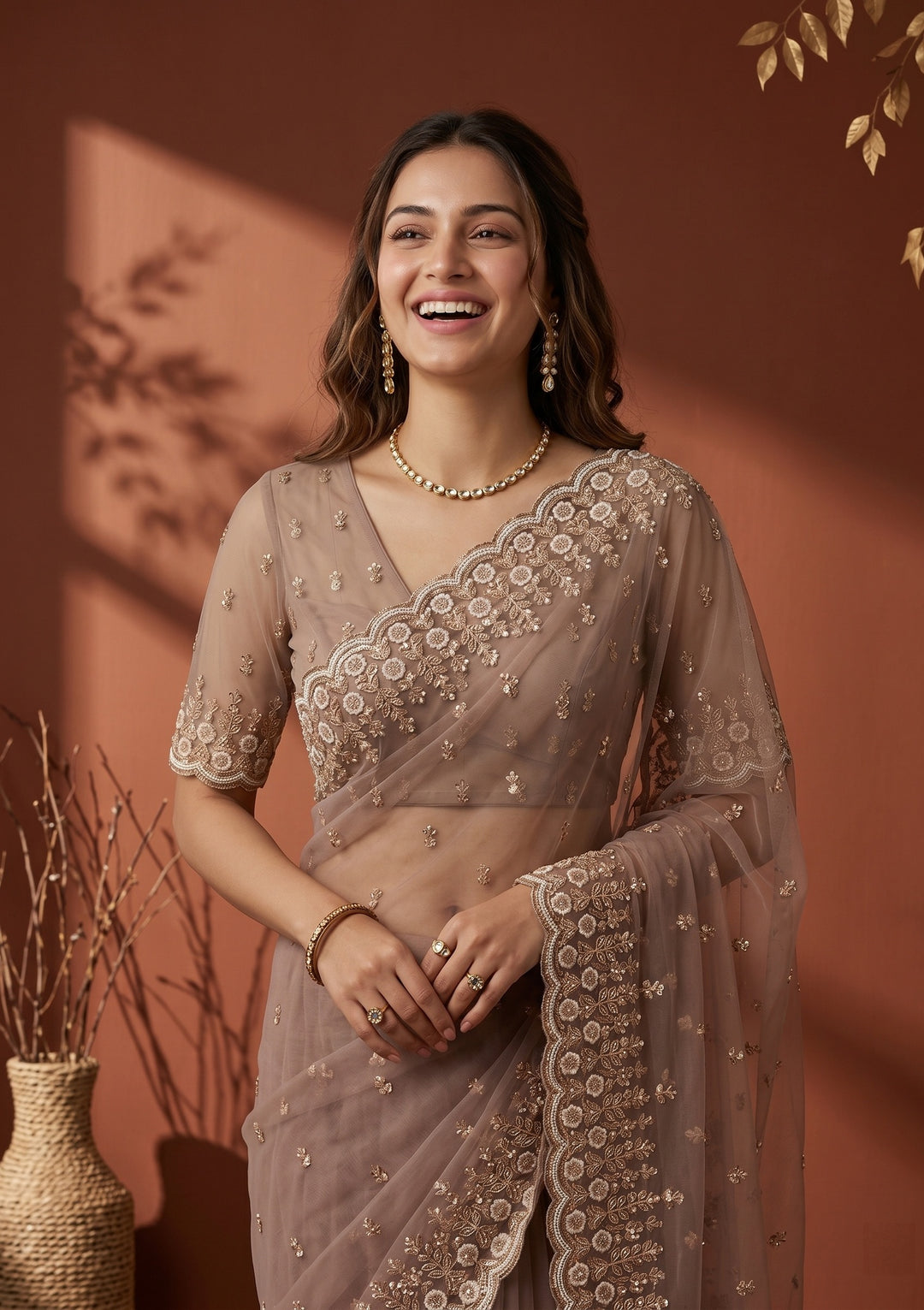 Mauve Net Sequins Saree With Matching Blouse Piece