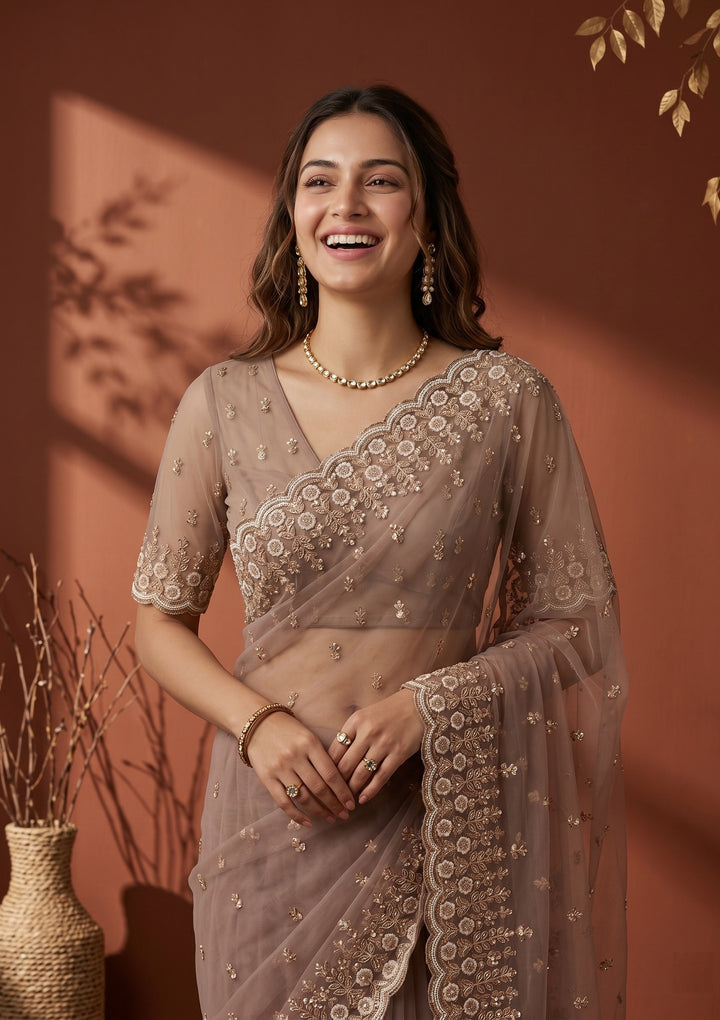 Mauve Net Sequins Saree With Matching Blouse Piece