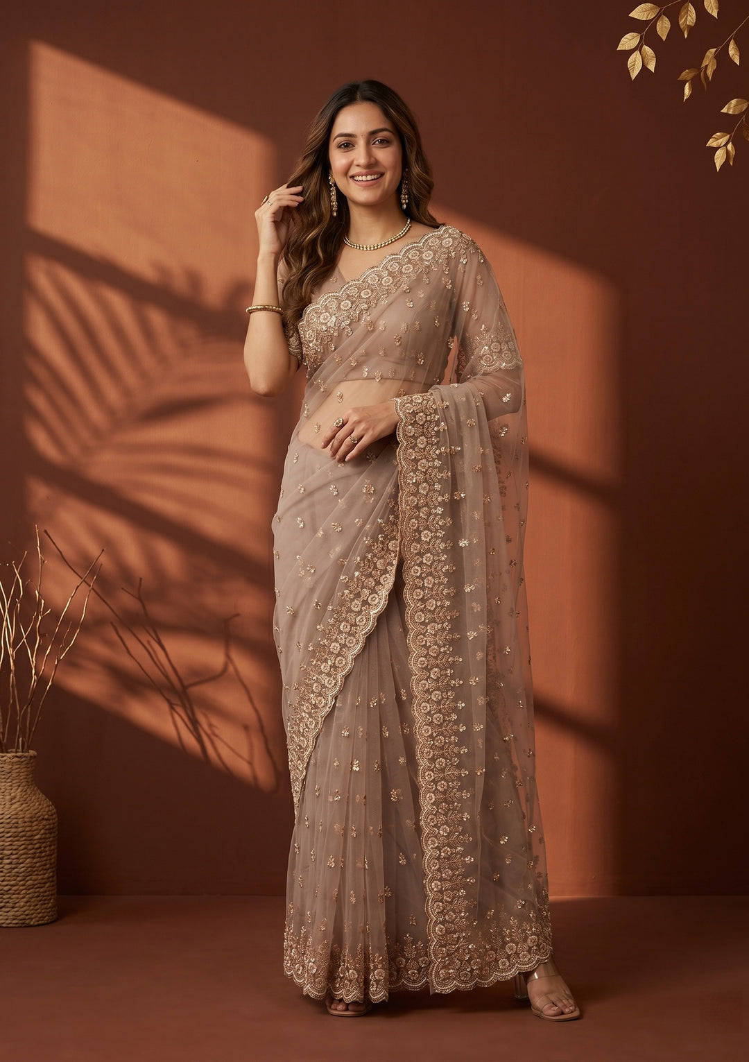 Mauve Net Sequins Saree With Matching Blouse Piece