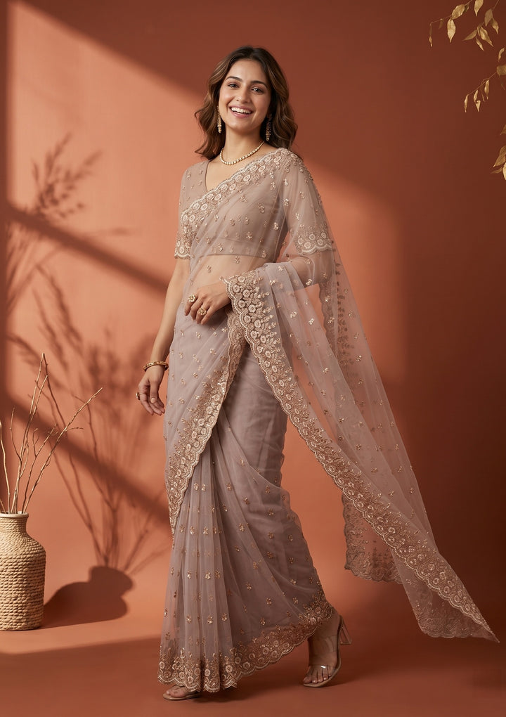 Mauve Net Sequins Saree With Matching Blouse Piece