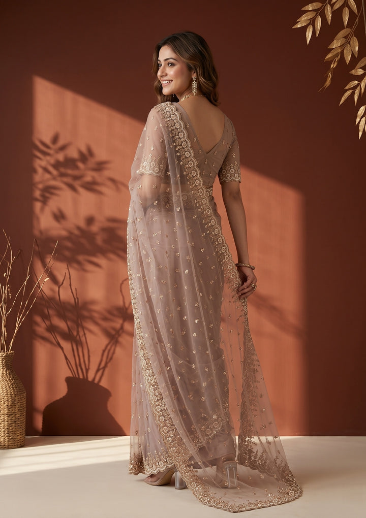Mauve Net Sequins Saree With Matching Blouse Piece