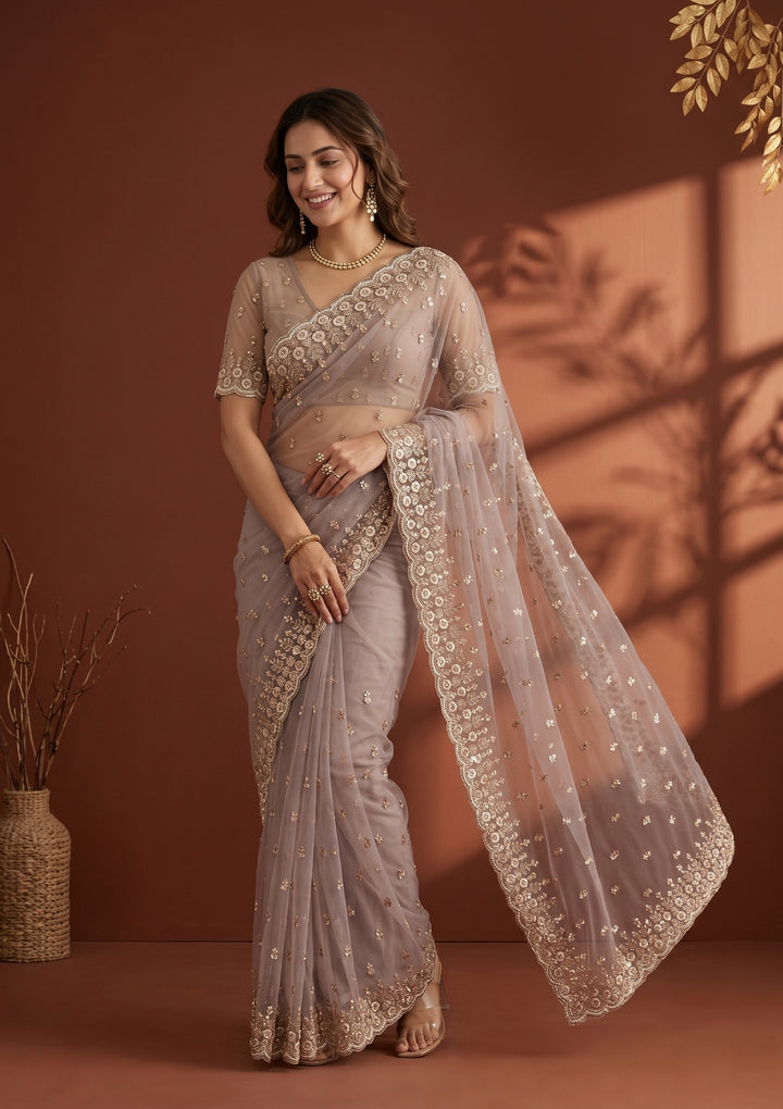 Mauve Net Sequins Saree With Matching Blouse Piece